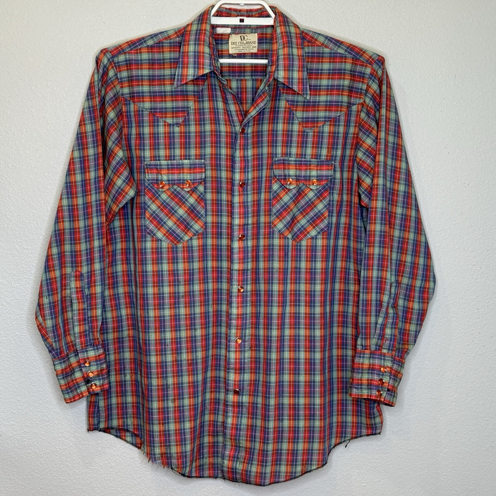 Vintage Dee Cee Pearl Snap Western Shirt Mens 16-1/2 34‎ Red Blue Plaid USA Made